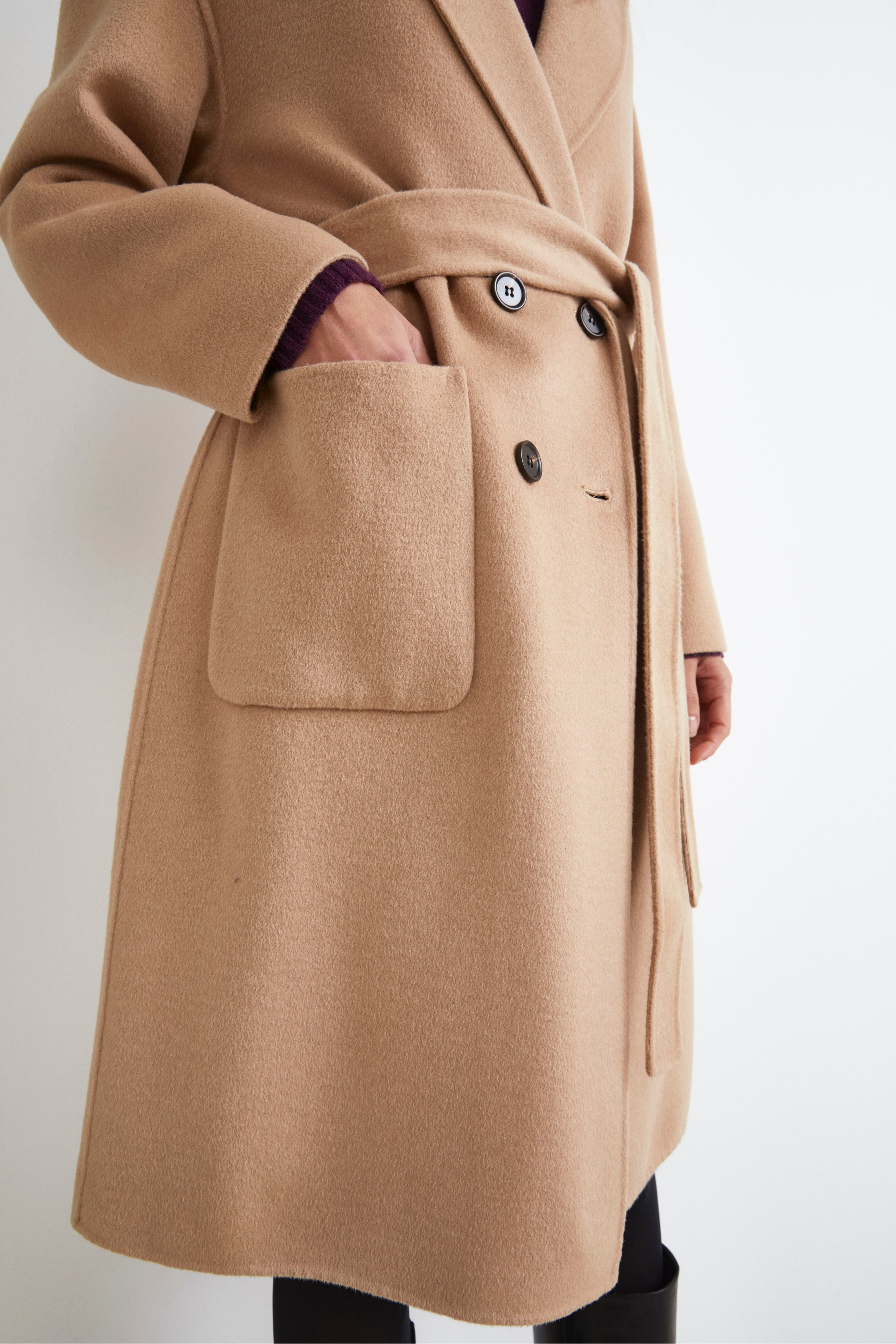 Double-Breasted Coat with Belt - CAMEL