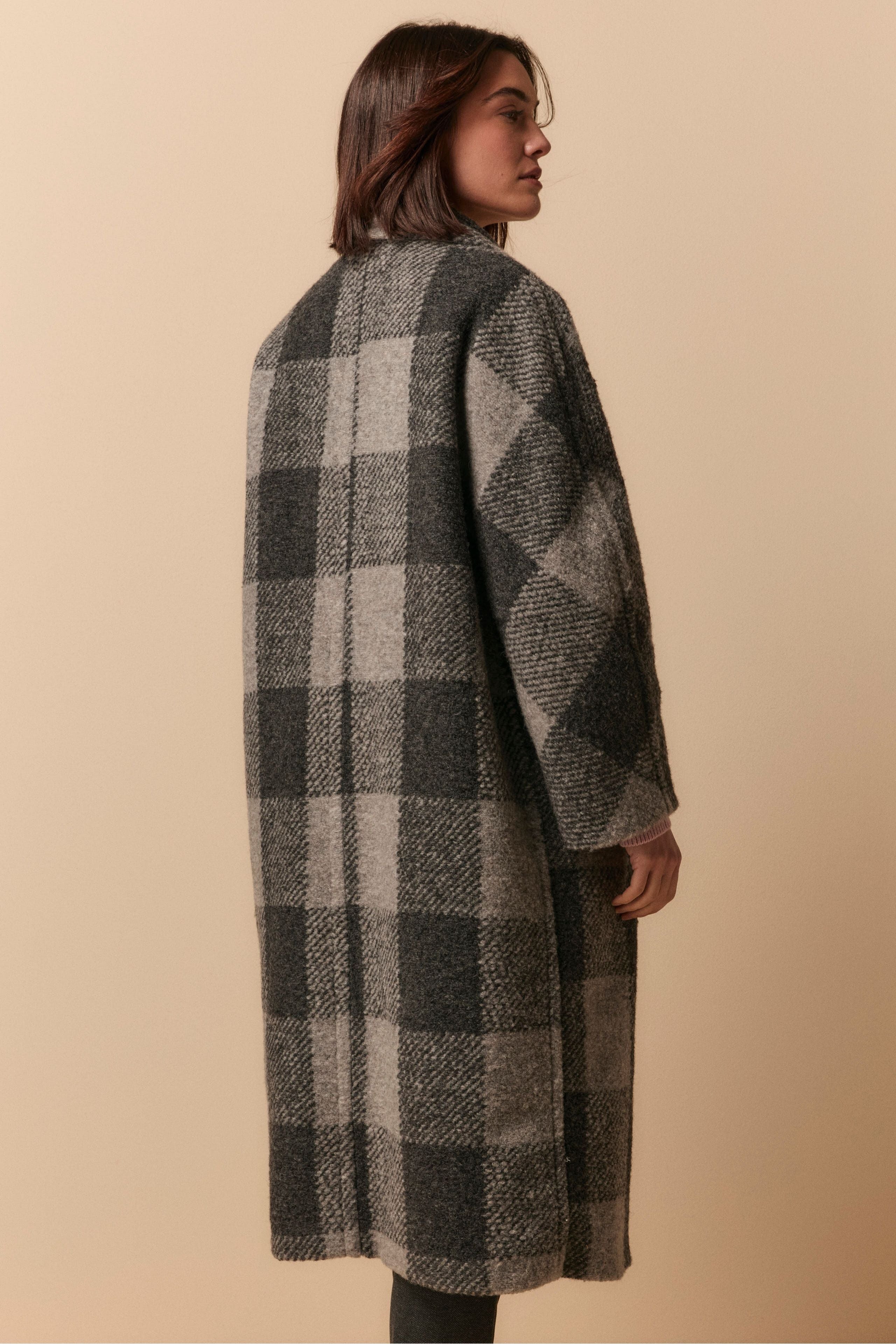 Double-Breasted Check Wool-Blend Coat - Grey check