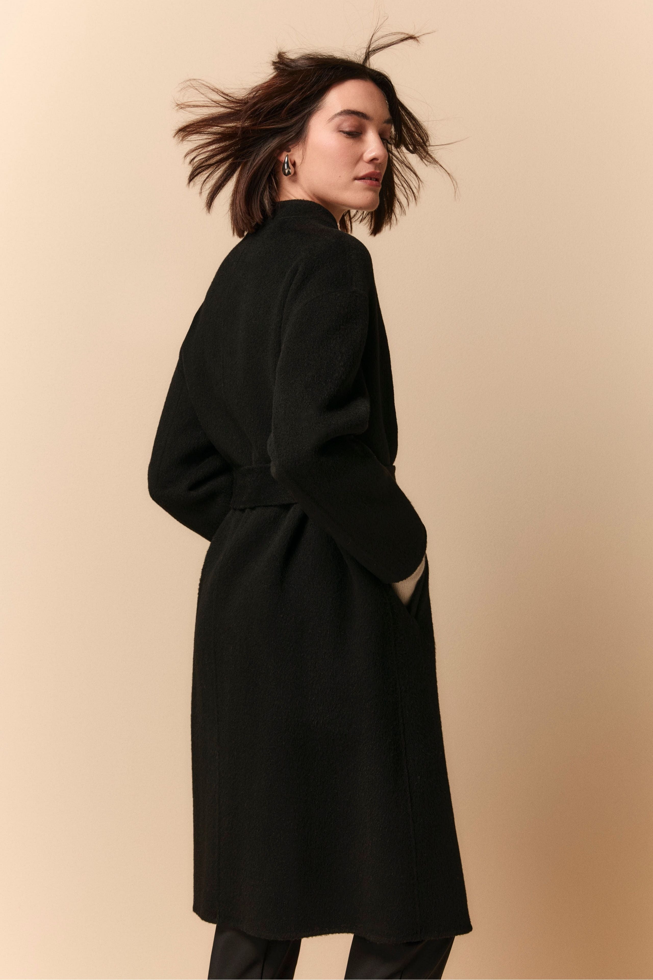 Wool Wrap Coat - BLACK