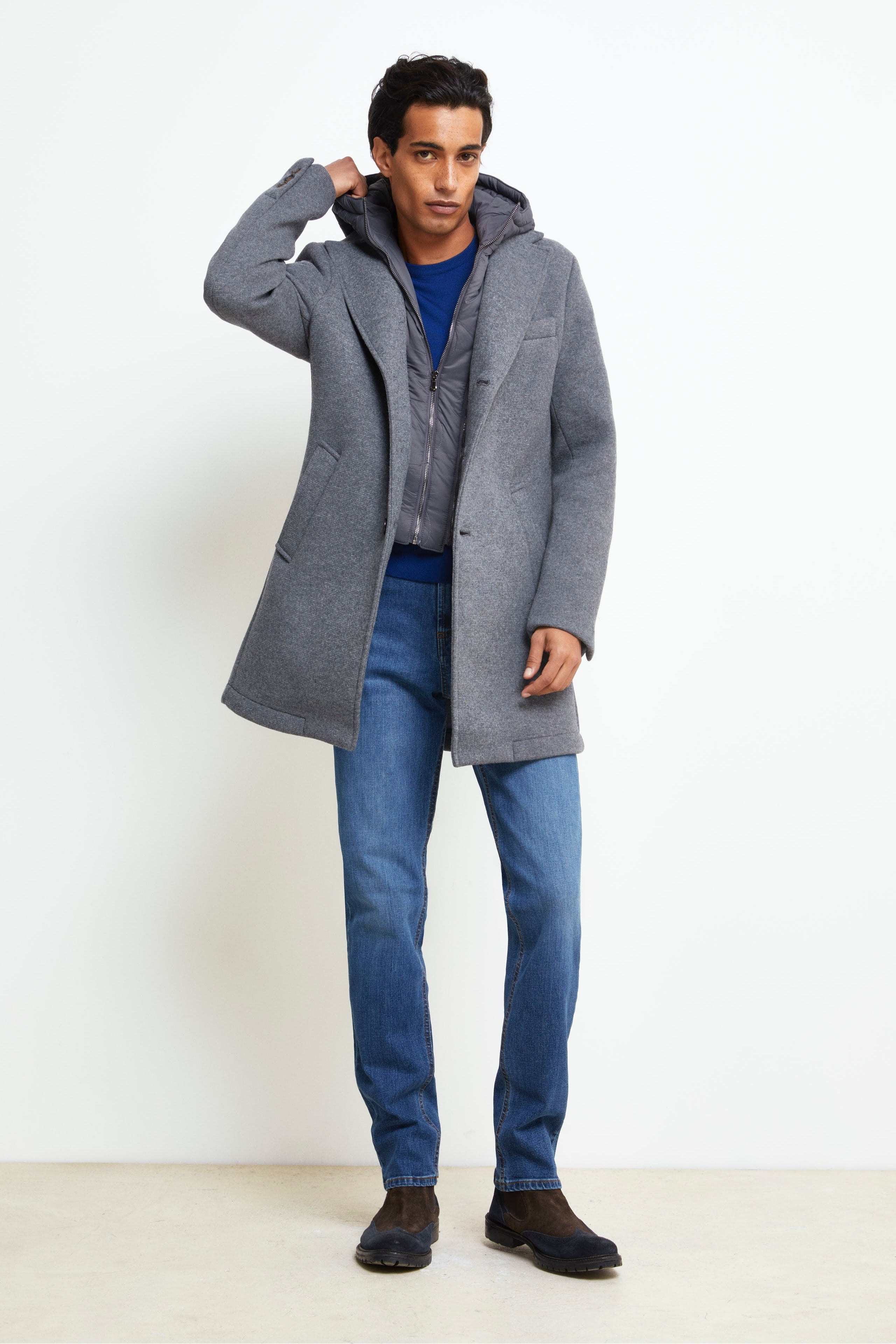 Manteau avec capuche en mélange de laine - Gris