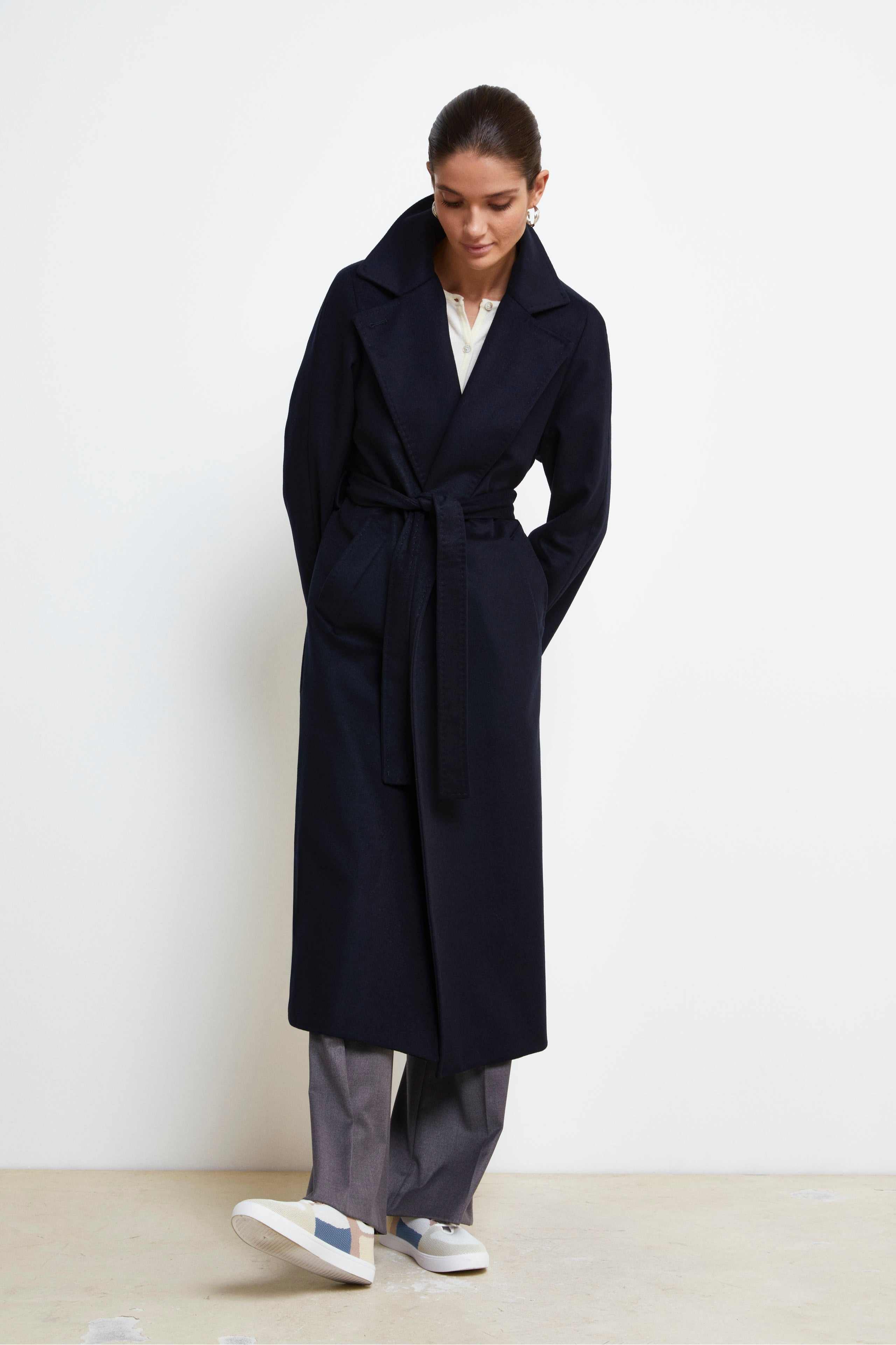 Manteau long en laine et cachemire - BLEU