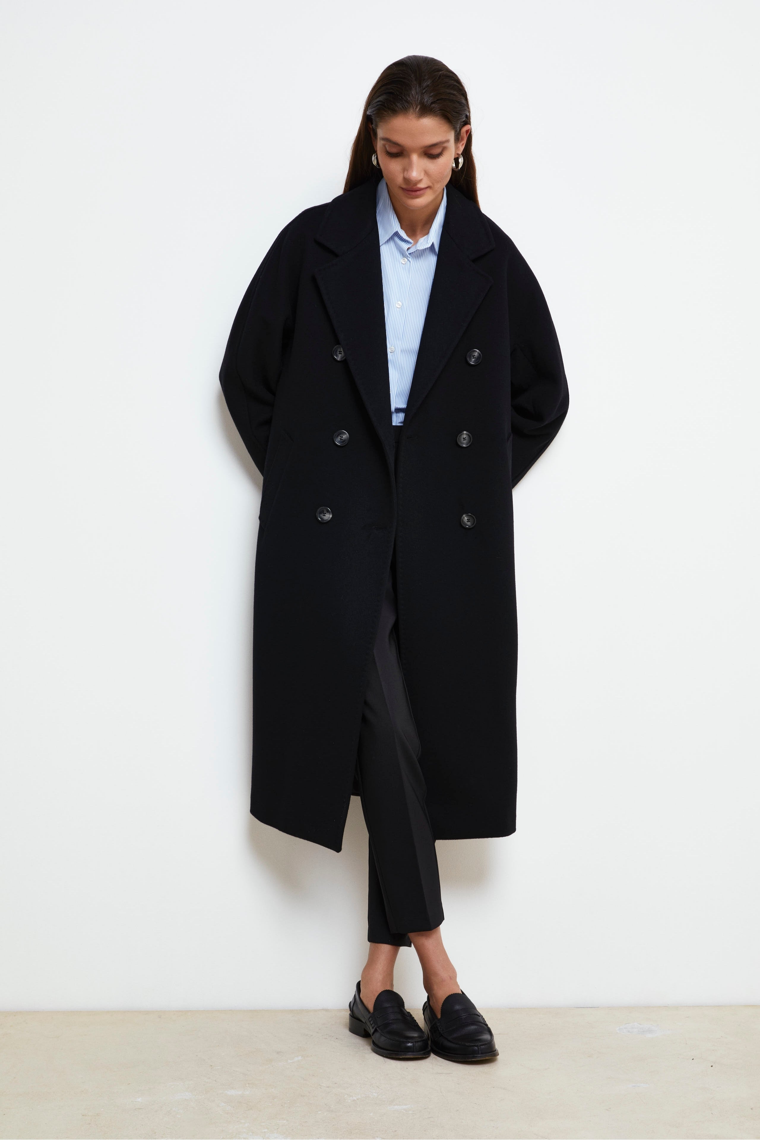 Long Double-Breasted Wool Coat - BLACK