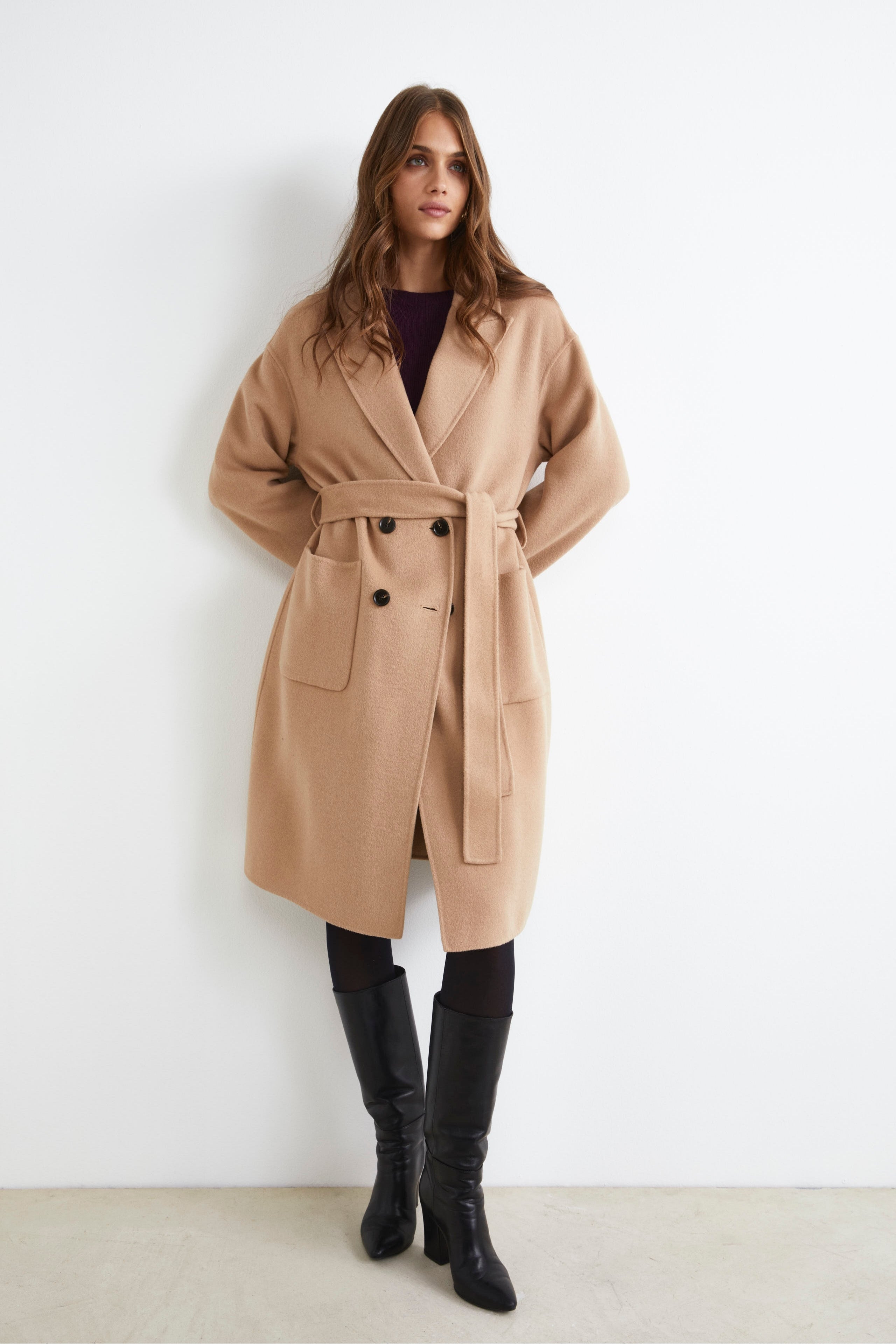 Double-Breasted Coat with Belt - CAMEL