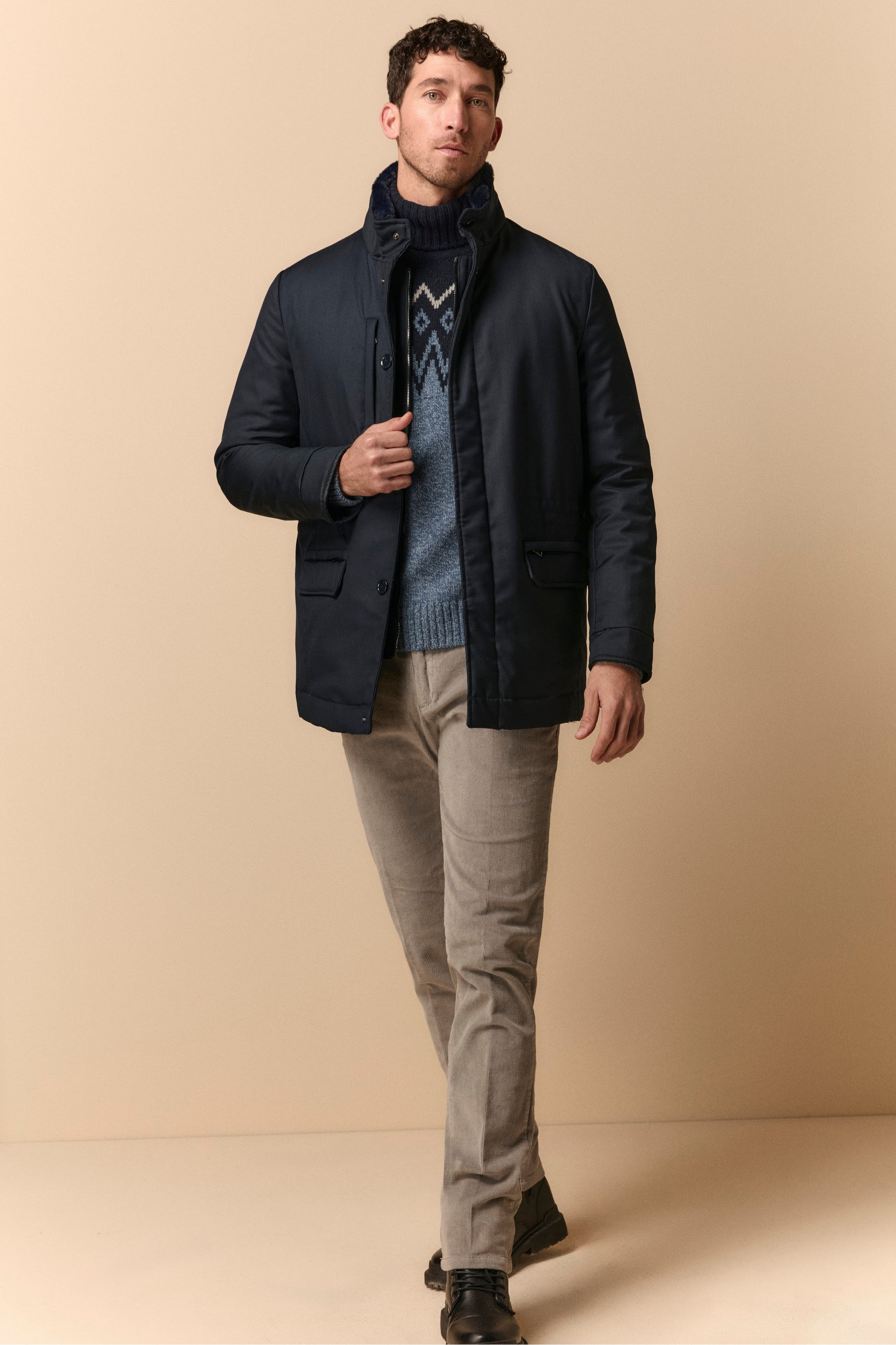 Manteau Matelassé avec Col en Fourrure - BLEU