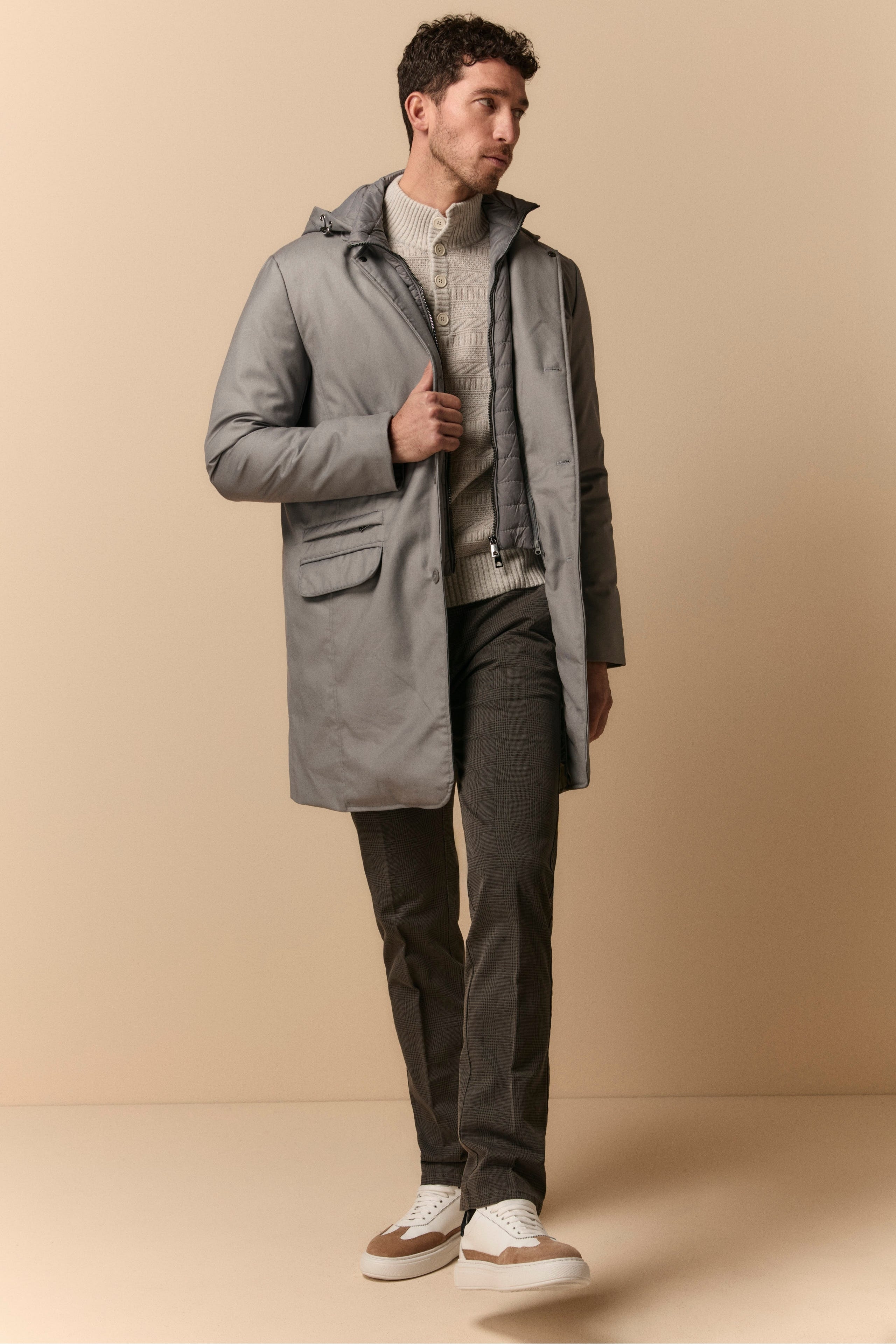 Long Jacket with Removable Hood - Dark grey