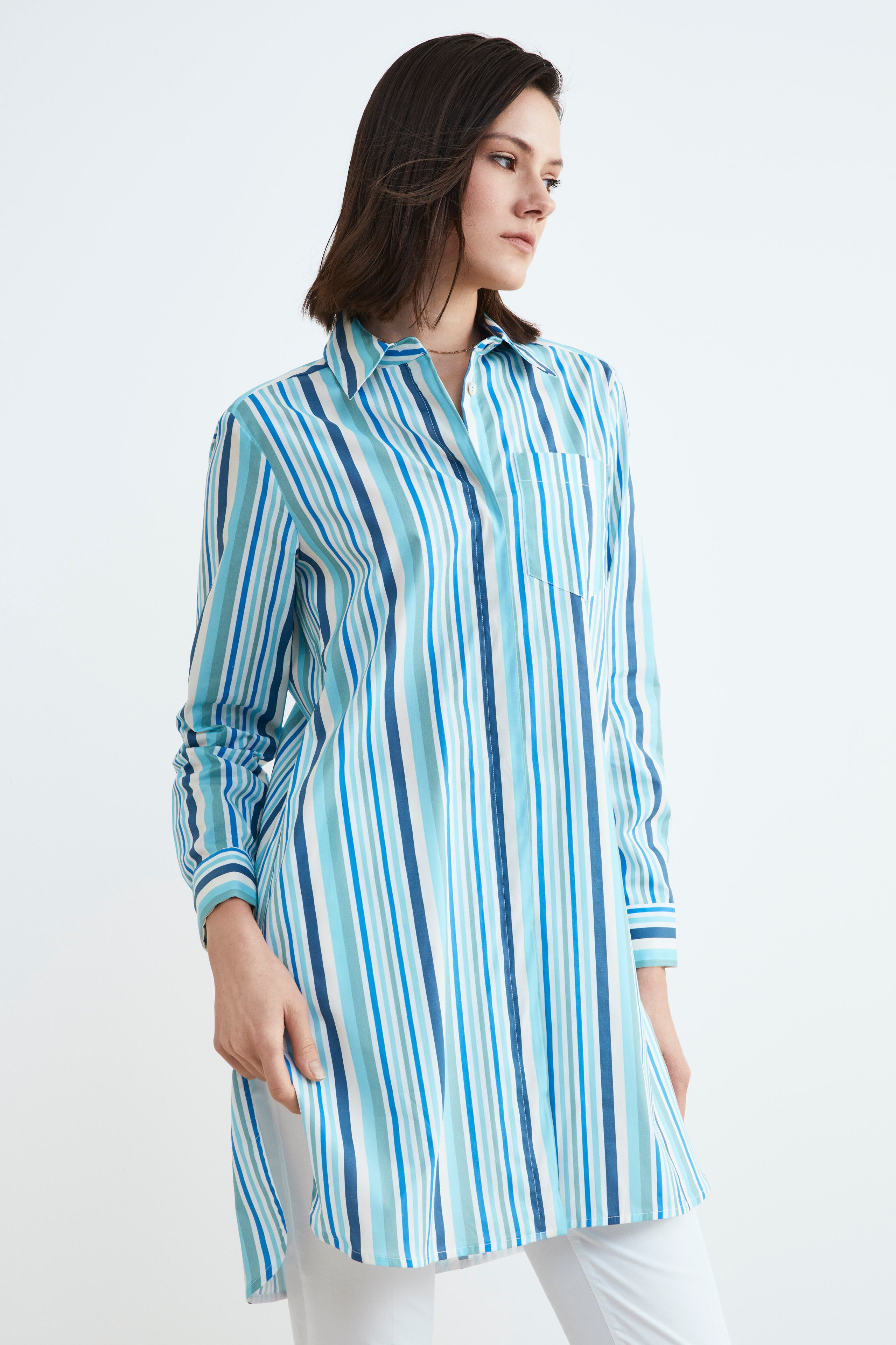 Women’s long shirt - Light blue-White