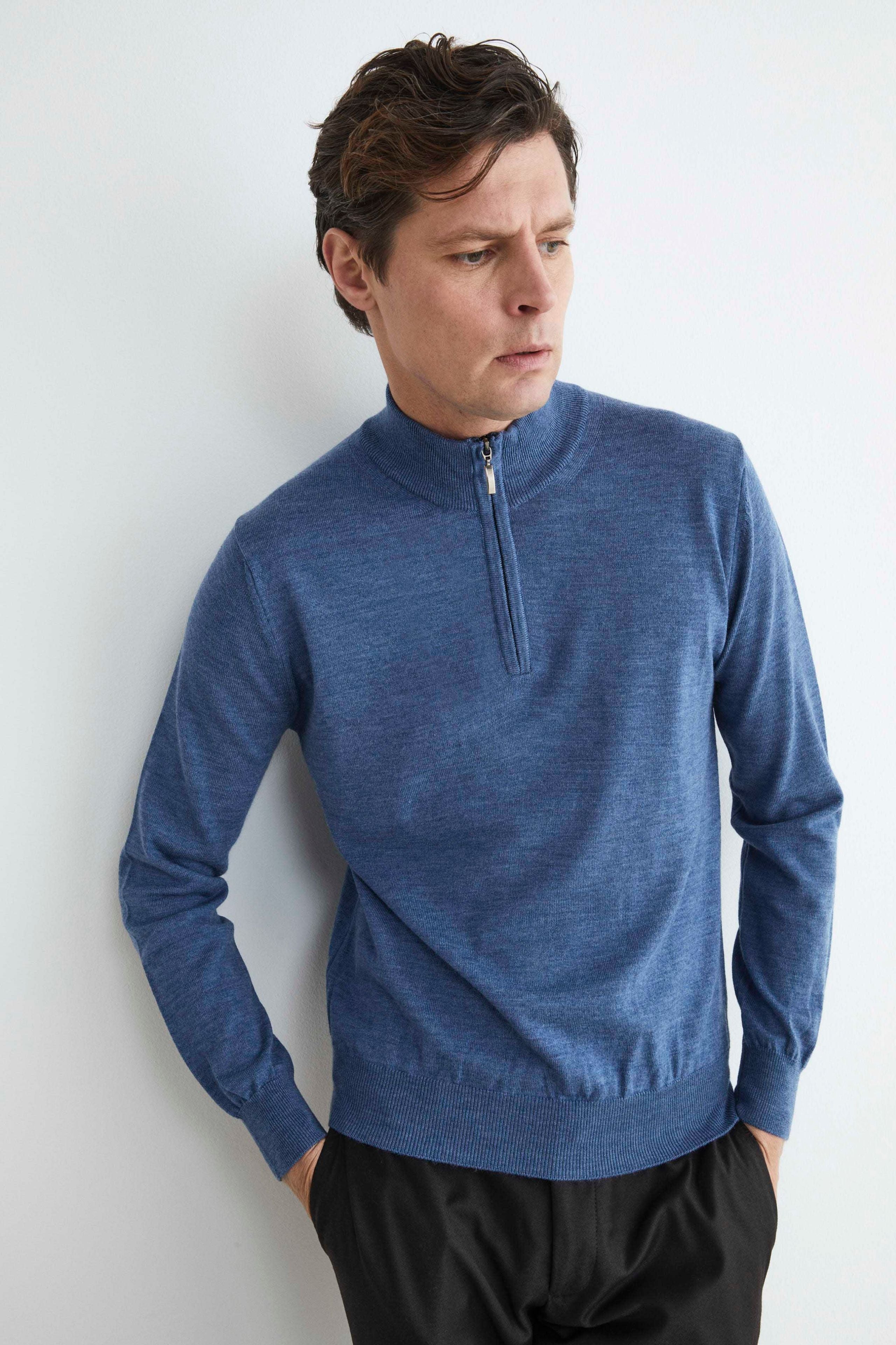 Wool mock-neck with zip - DENIM