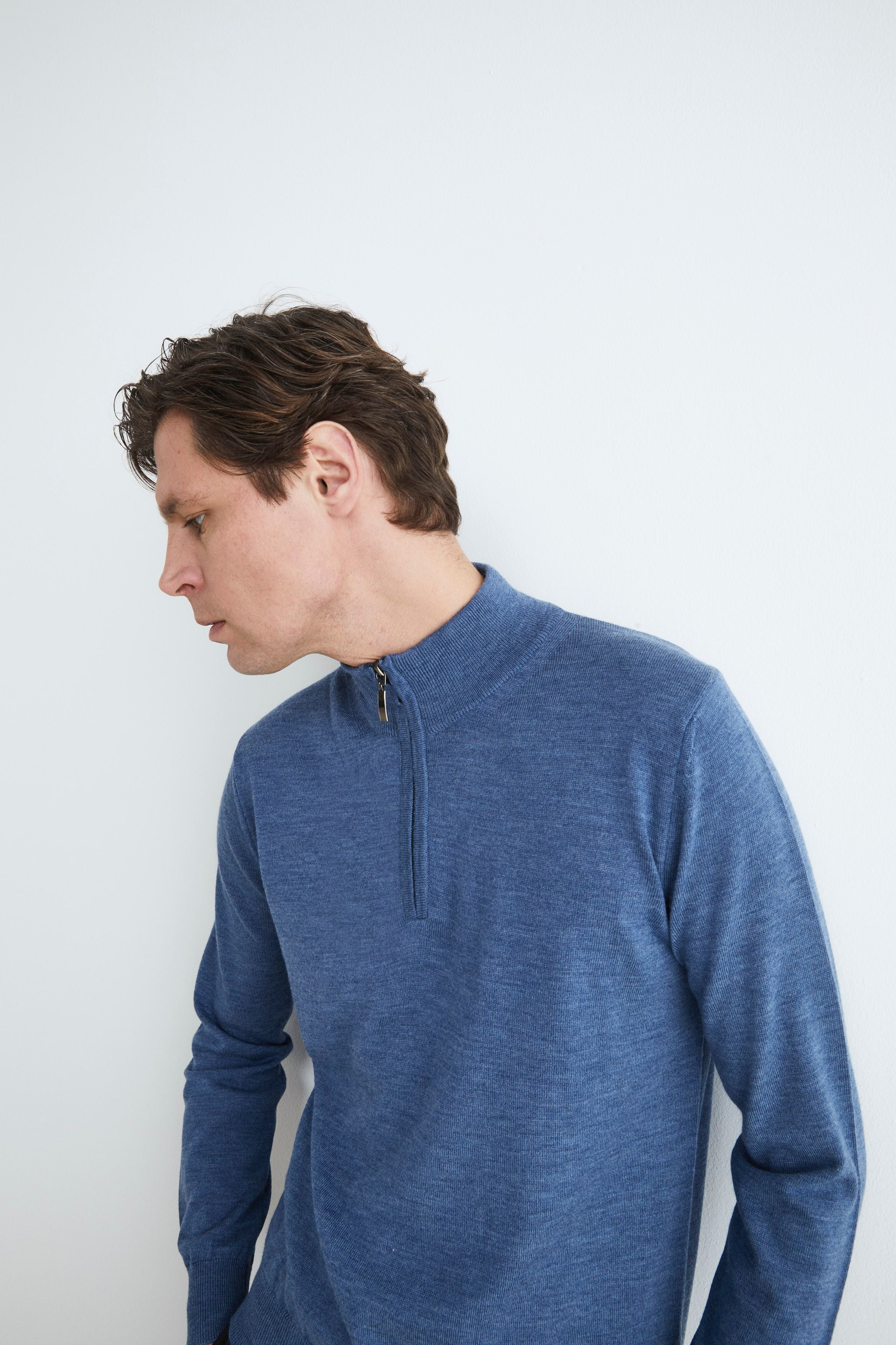 Wool mock-neck with zip - DENIM