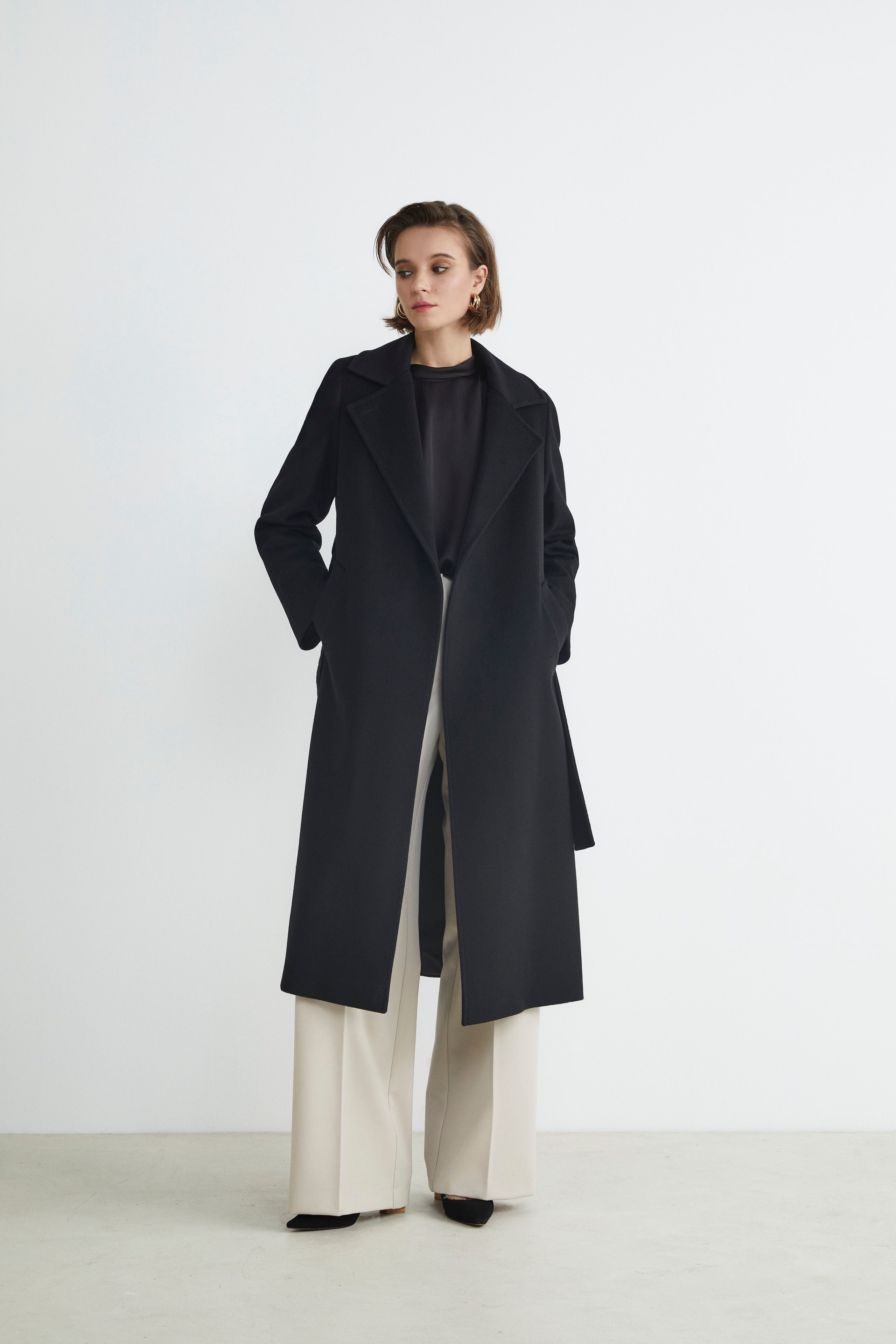 Manteau long en laine et cachemire - NOIR