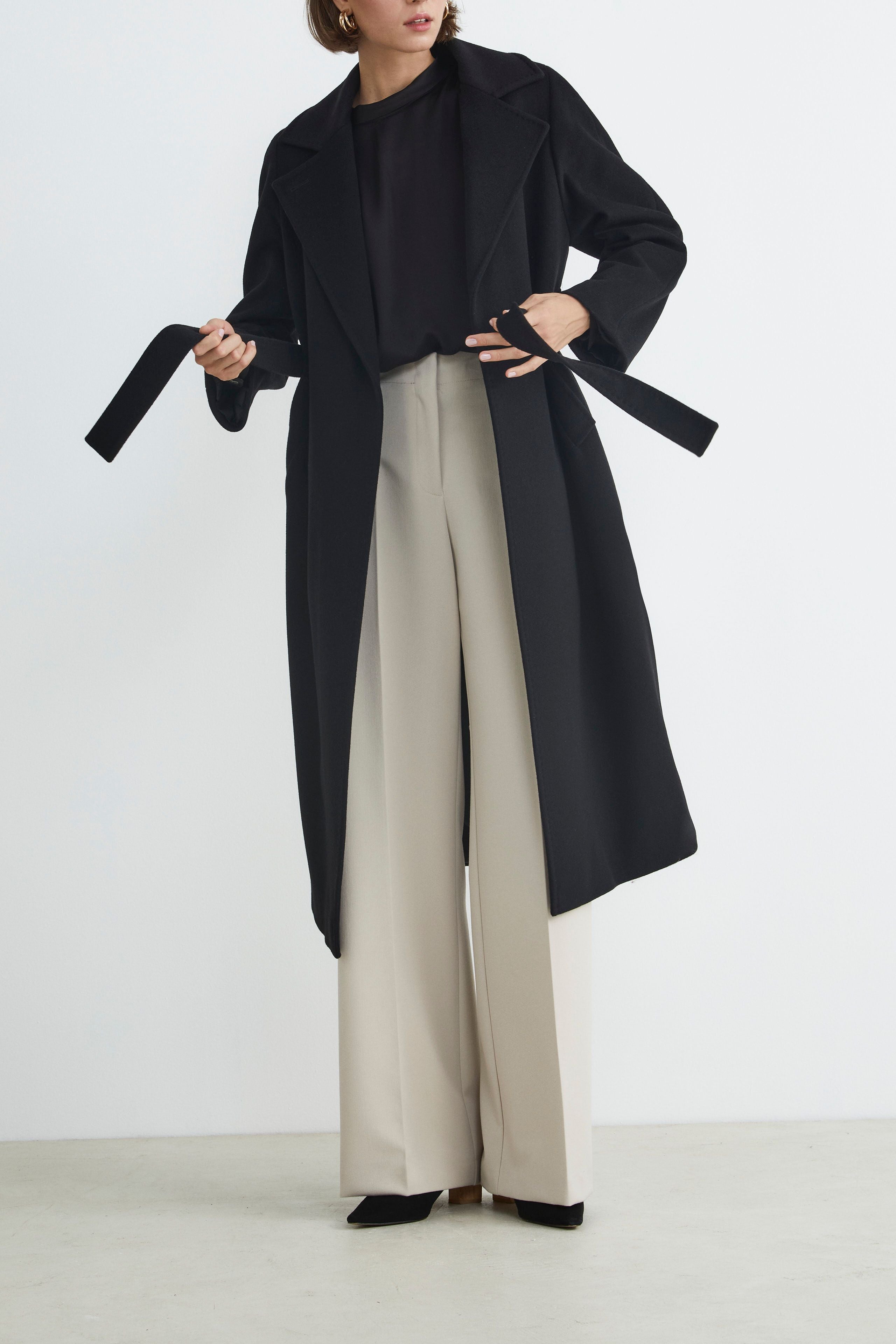 Manteau long en laine et cachemire - NOIR