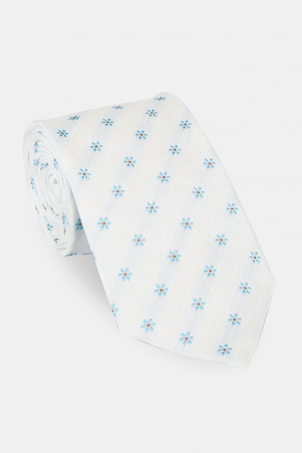 Silk tie with flowers - White-Light blue pattern