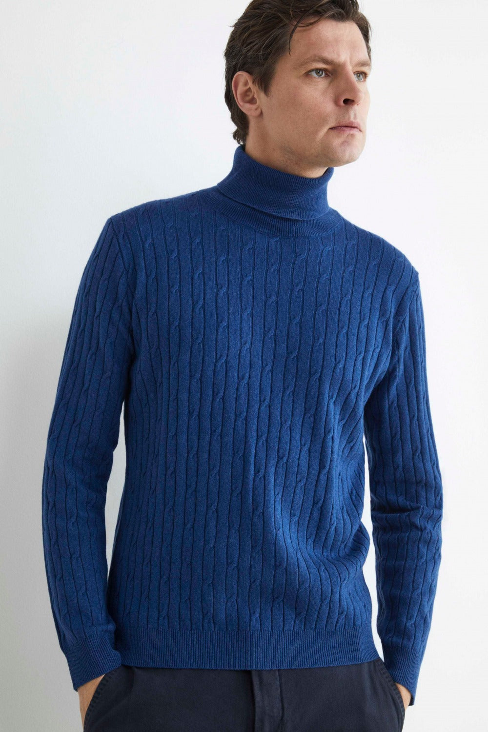 Cashmere and silk cable-knit turtleneck sweater - DENIM