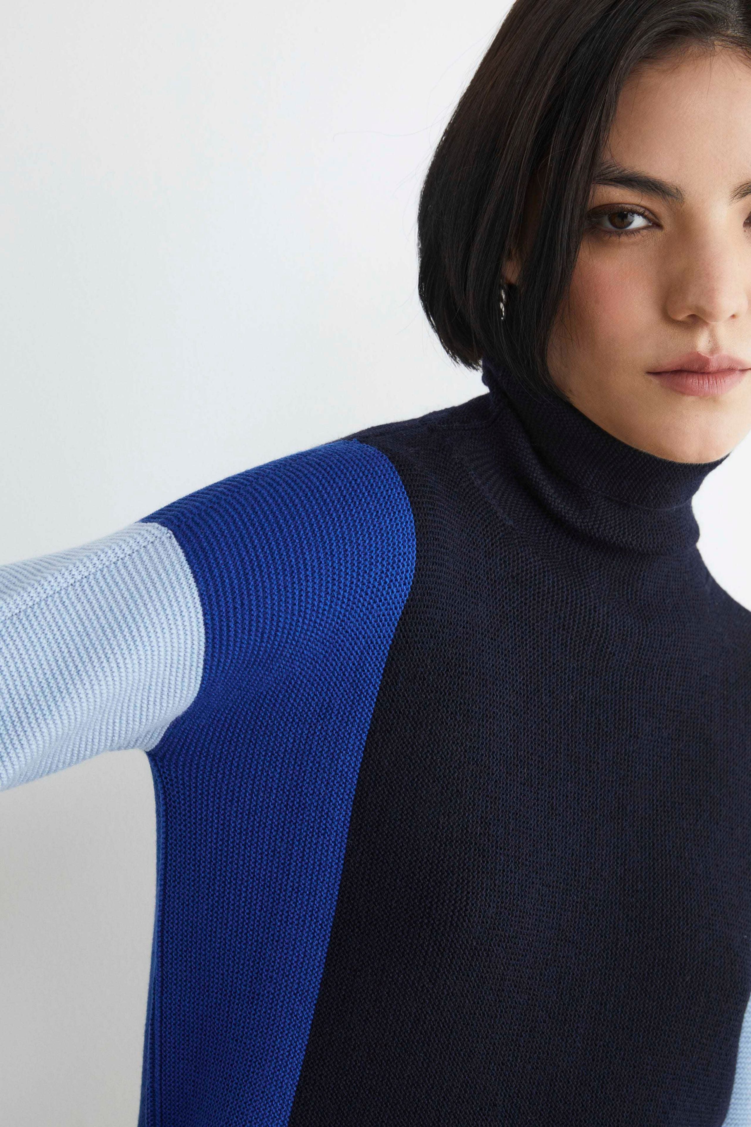 Colorblock-Rollkragenpullover - BLAU