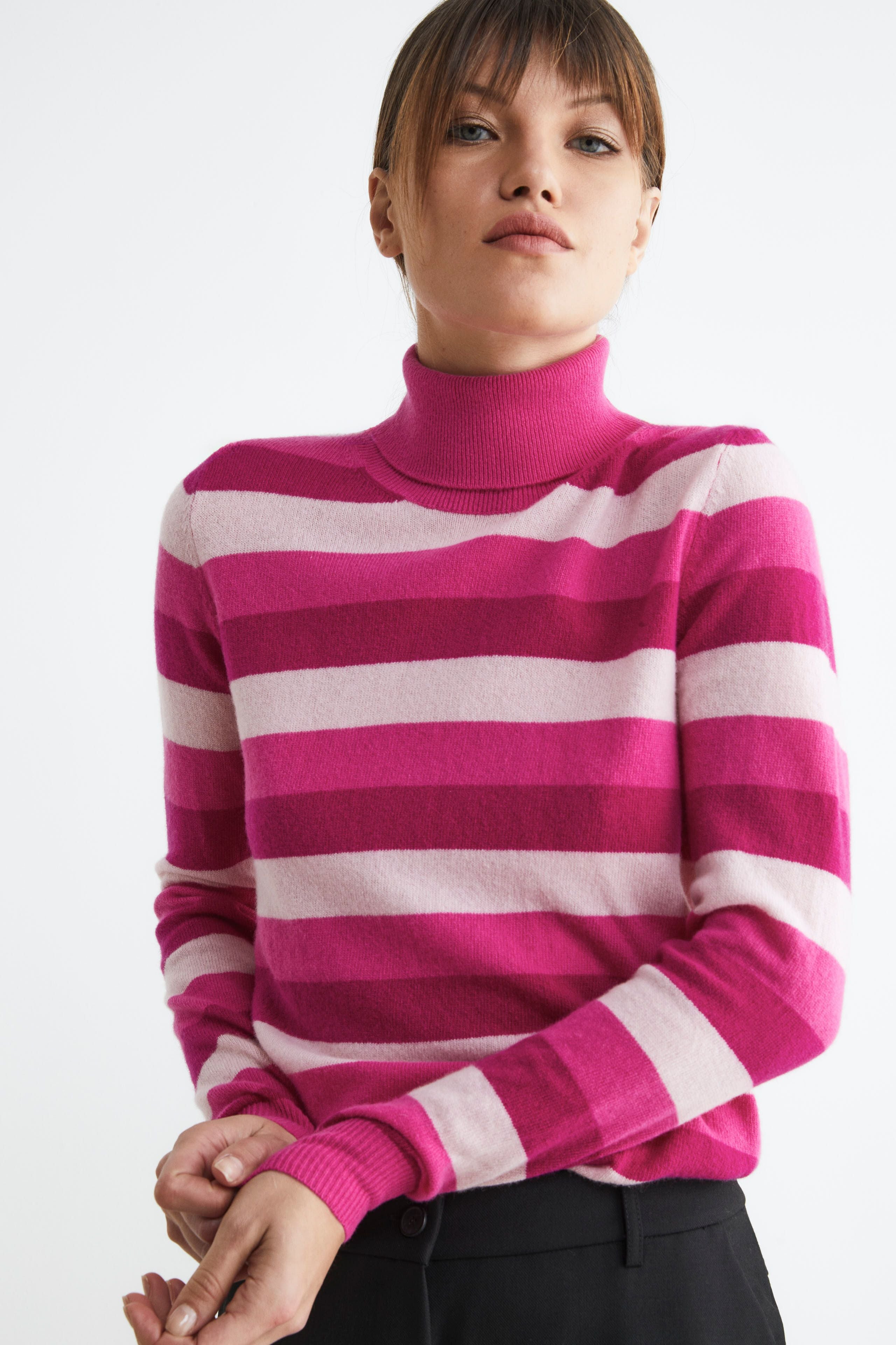 Pull à col roulé rayé en laine et cachemire - Fuchsia