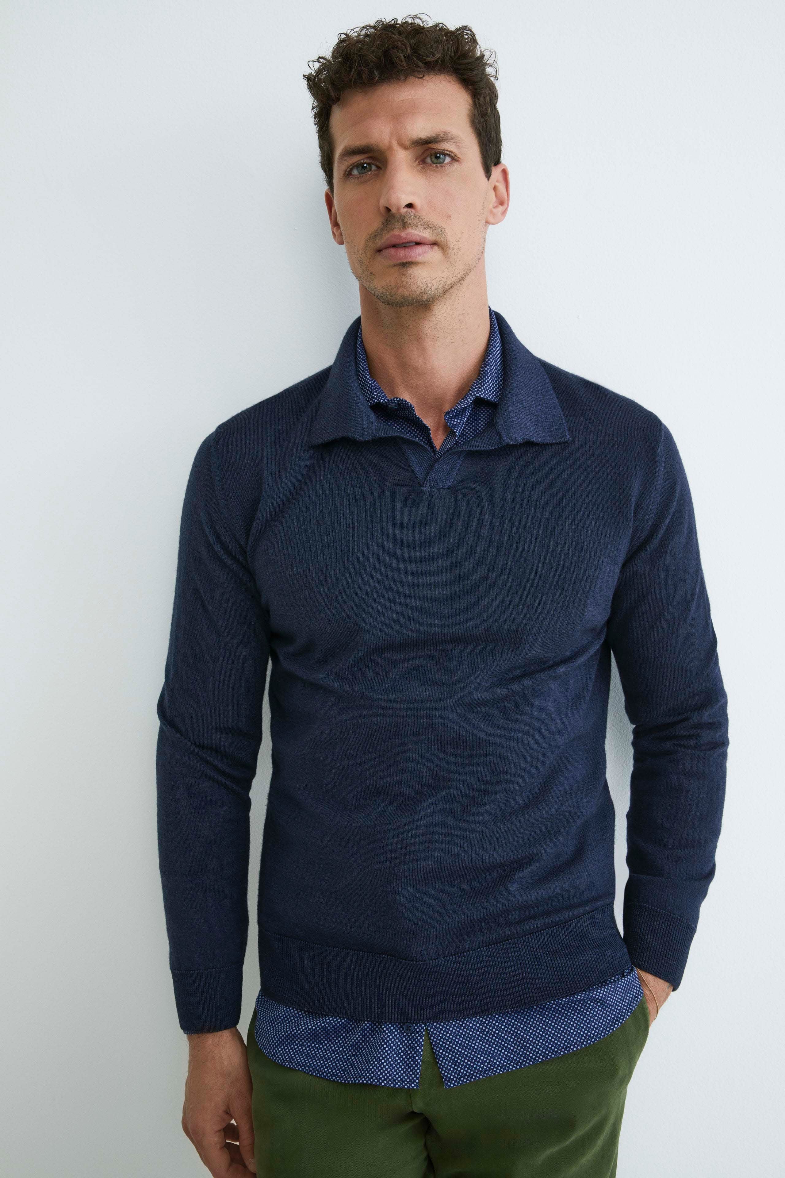 Merino wool derby polo shirt - BLUE MARINE