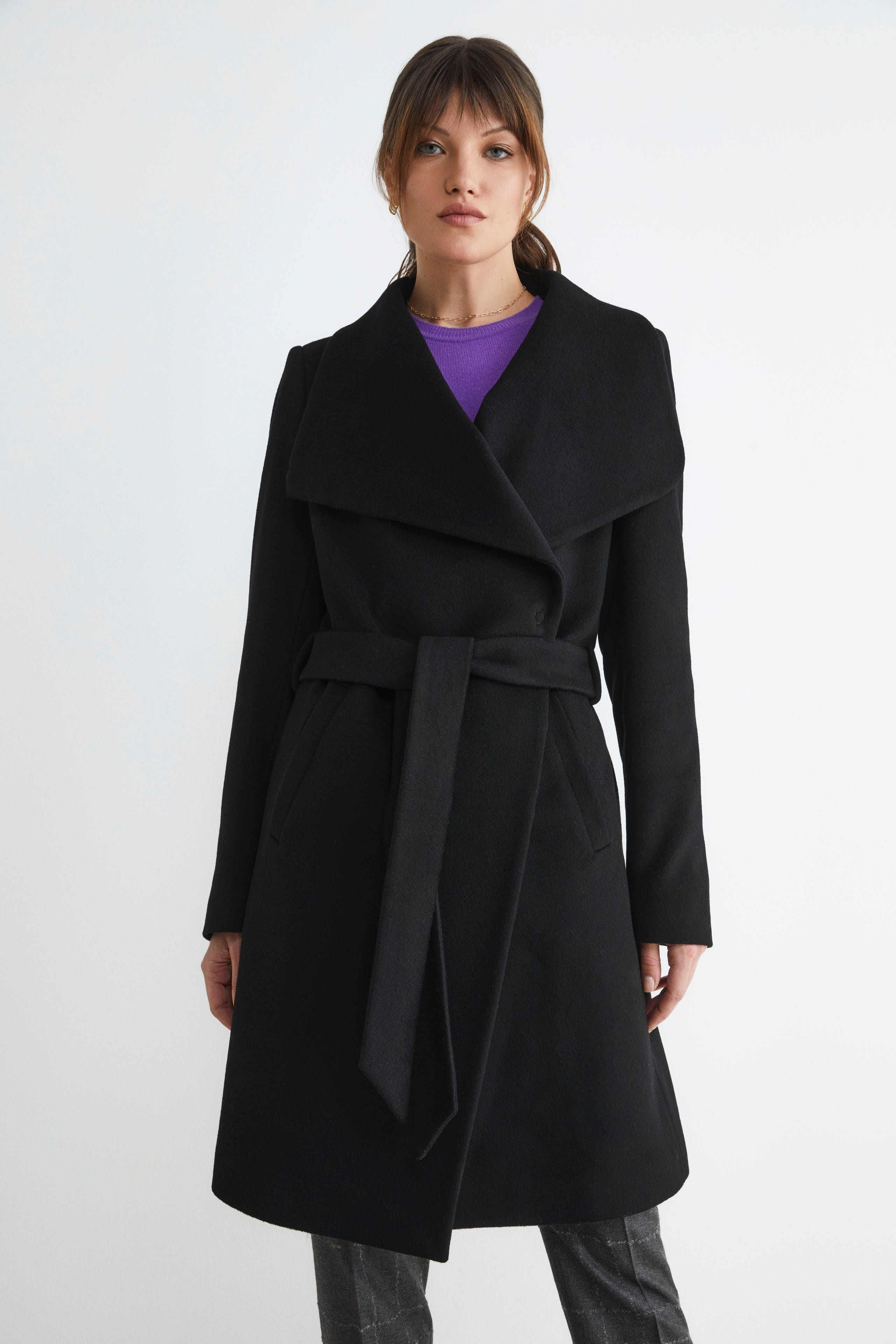 Manteau long avec ceinture - NOIR