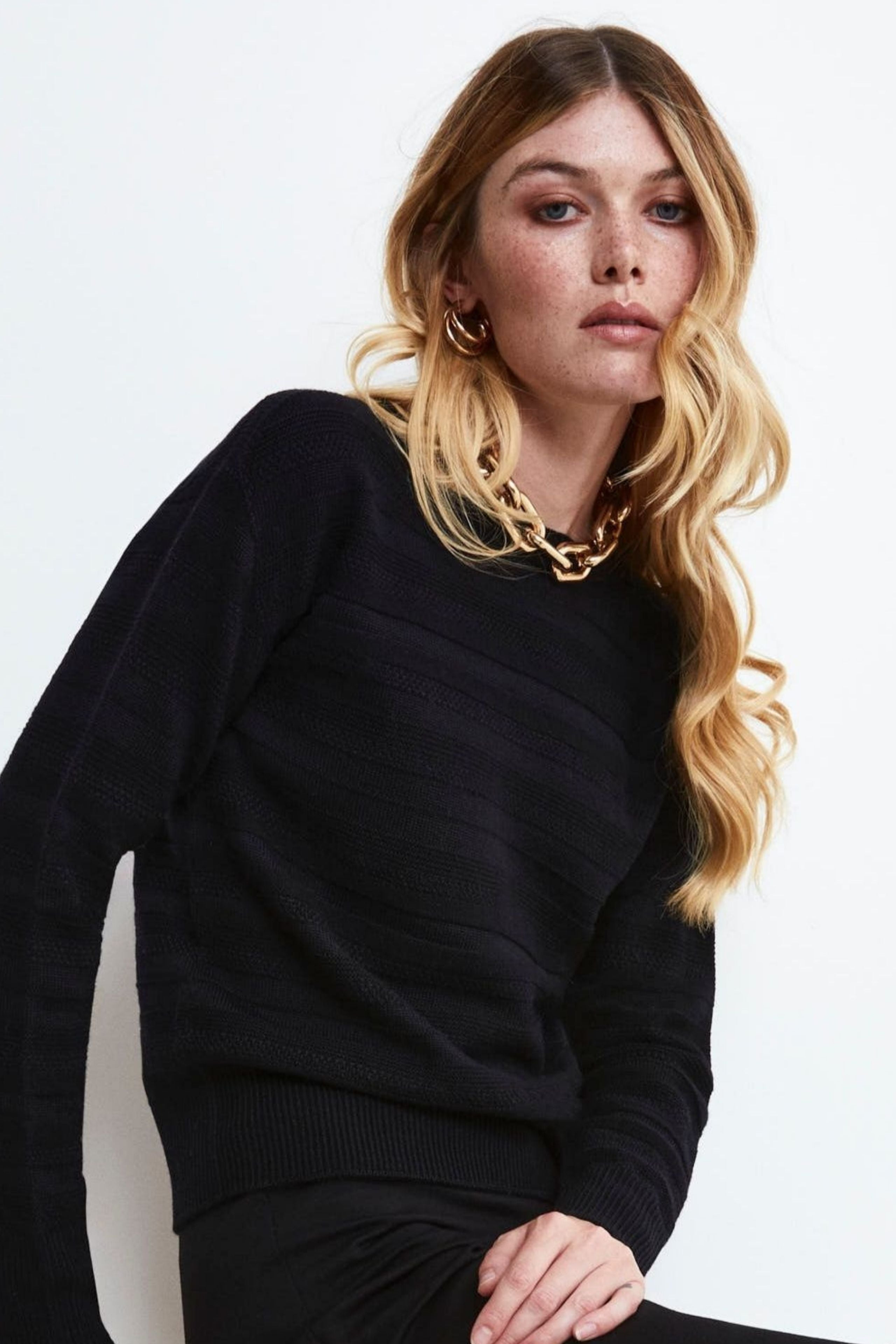 Textured Crewneck Wool Sweater - BLACK